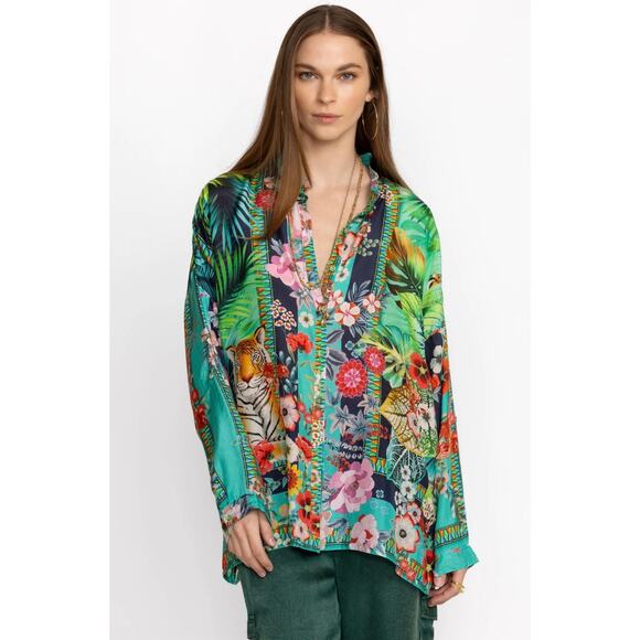 Johnny Was Tigres Et Fleurs Silk Button Down Shirt Tropical Tiger XS Blouse - Picture 3 of 11
